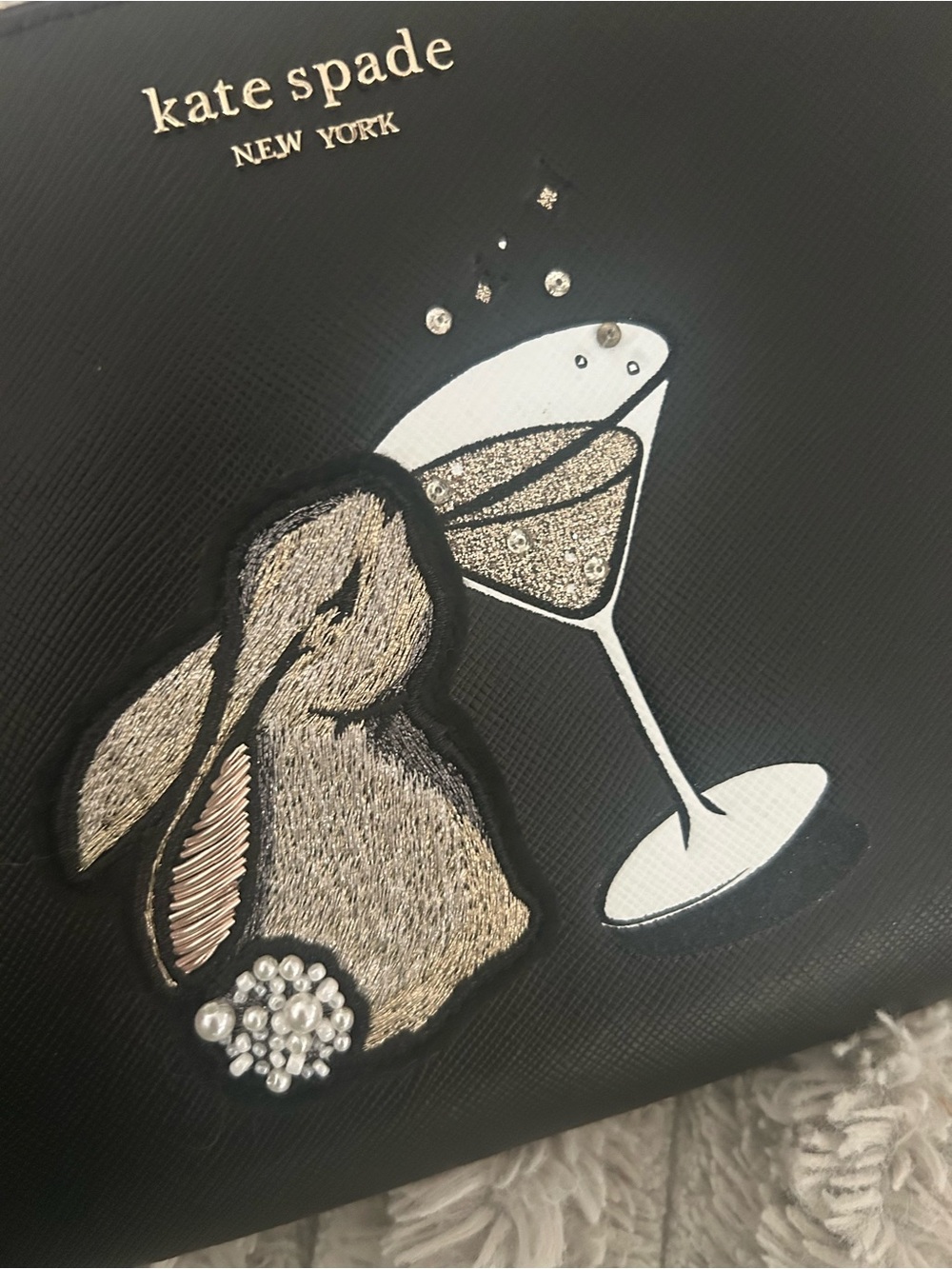Kate Spade New York Bunny Martini Novelty Black Saffiano Leather Wristlet Clutch - Picture 2 of 5